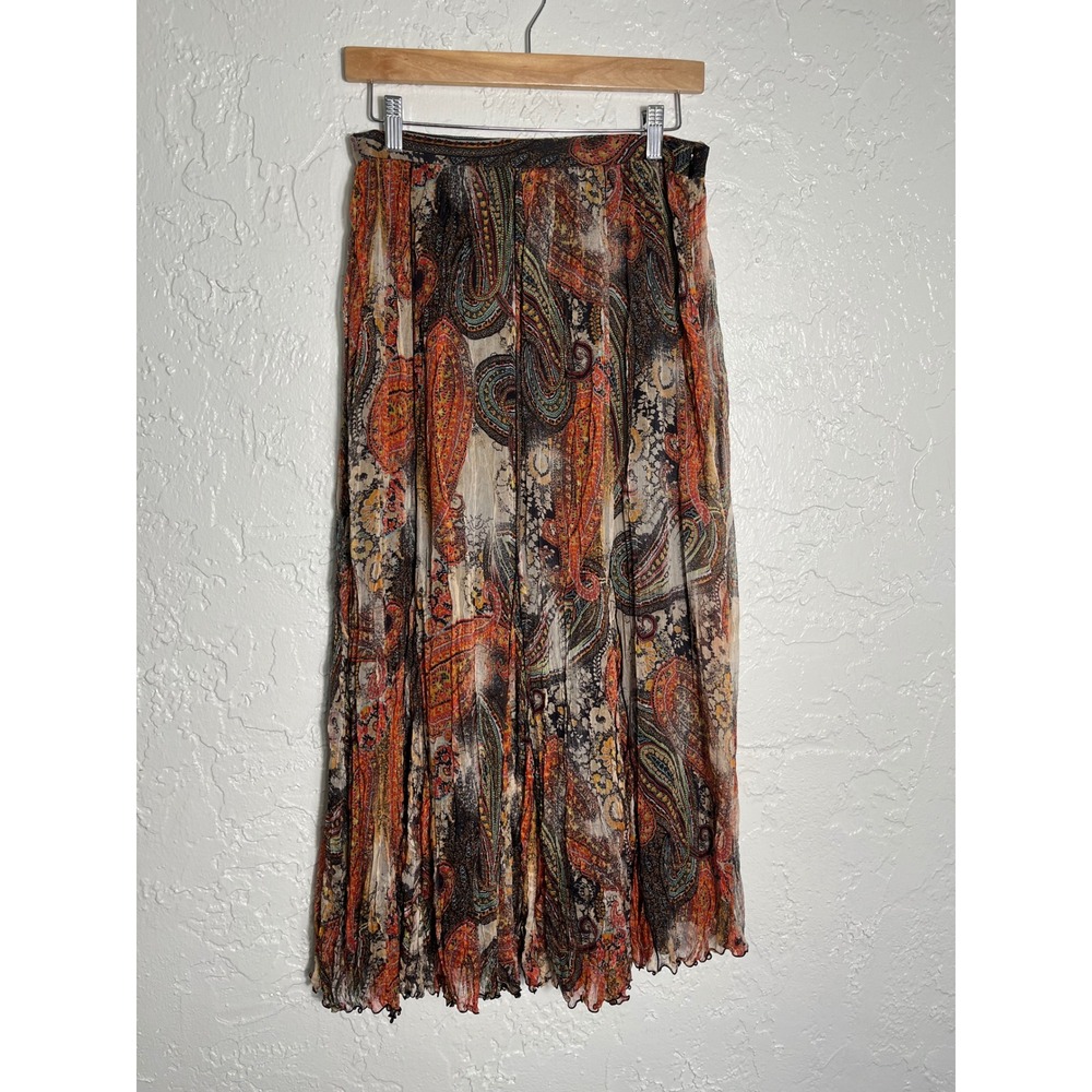 Dana Buchman Silk Paisley Pleated Midi Skirt Orange Black Boho Size‎ 6